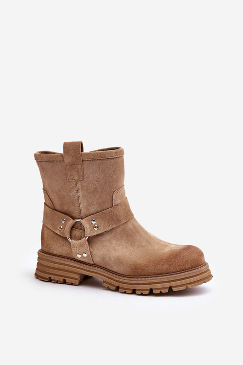 Dámske Zamszové Čižmy Na Plochom Opätku Béžové Lewski 3610