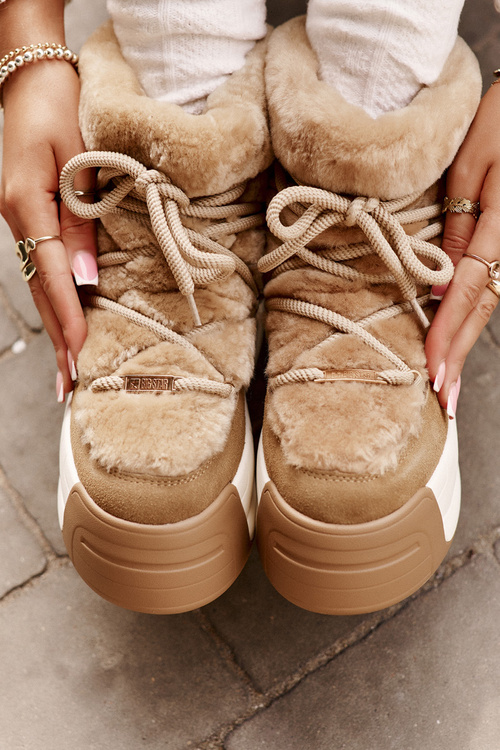 Kožené Dámske Snehové Topánky Na Hrubej Podešvi S Kožúškom Big Star OO274A207 Hnedé