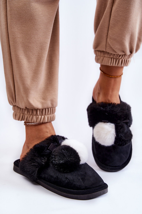 Dámské pantofle s bambulí a kožešinou Černá Sahira