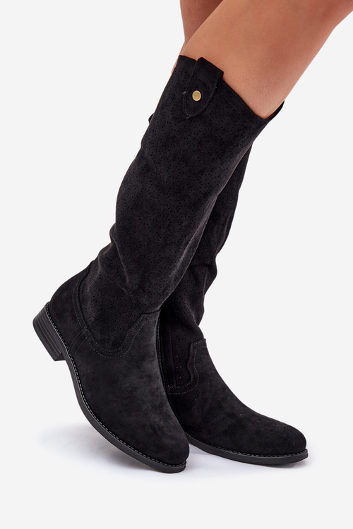 Čižmy Na Ploškom Opätku S Perforovaným Vzorom Čierne S.Barski HY51-062