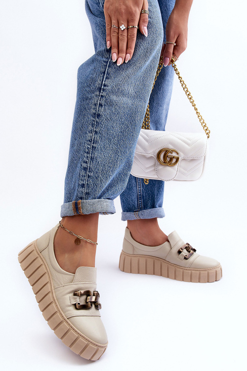 Dámske kožené topánky na platforme s dekoráciou Beige Lewski 3398