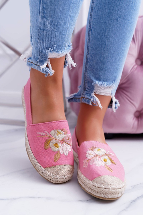 Materiałowe Różowe Damskie Espadryle Slip On Kwiaty Wild
