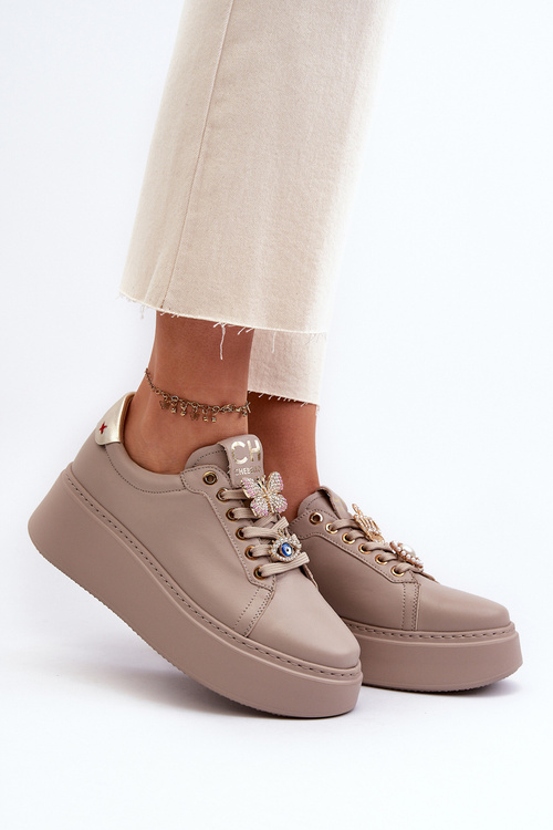 Dámske kožené tenisky s ozdobami CheBello 4292 béžové