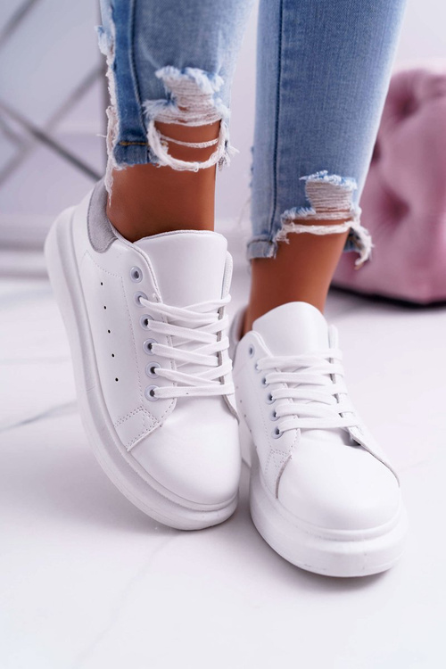 Dámska športová topánka hrubá podrážka biela sivá sukňa