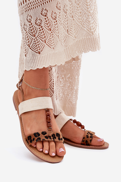 Ploché Dámske Sandále S Korálkami Leopardie Hnedé Virona