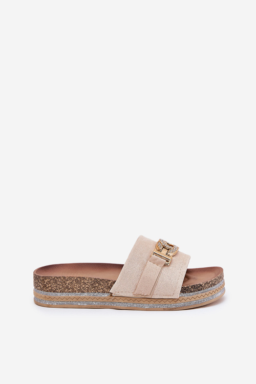 Dámské Pantofle Se Zlatým Detailem Na Platformě S Leskem Béžové Eanes