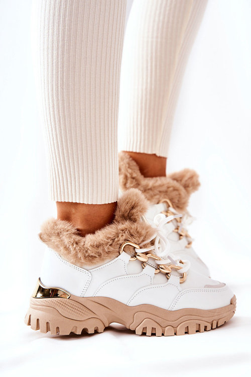 Kožená zateplená sportovní obuv Bílá a béžová Shiney