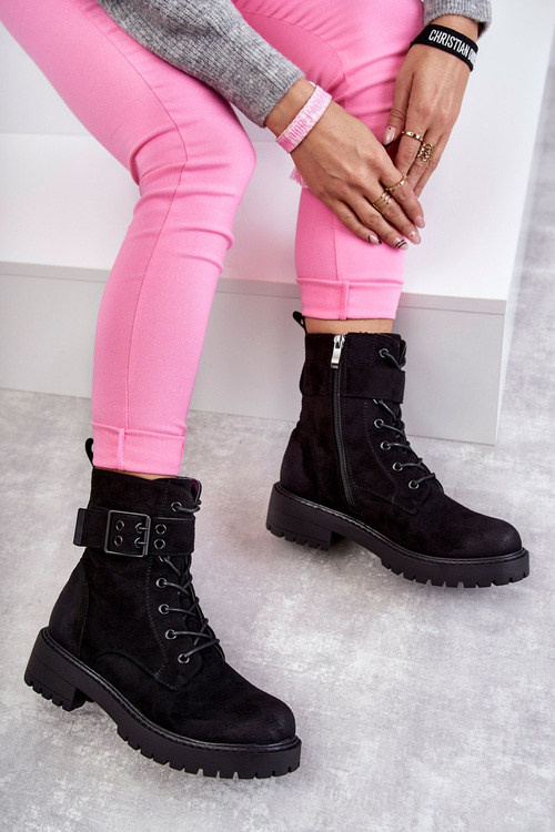 Dámské šněrovací boty Semišove na plochém podpatku černé Firmina