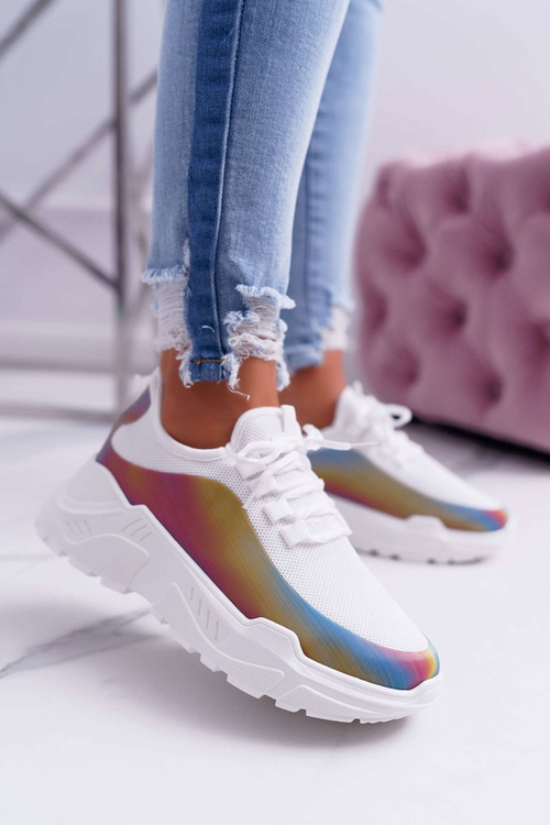 Dámske športové topánky hrubé holografické jediné biele večierky hore