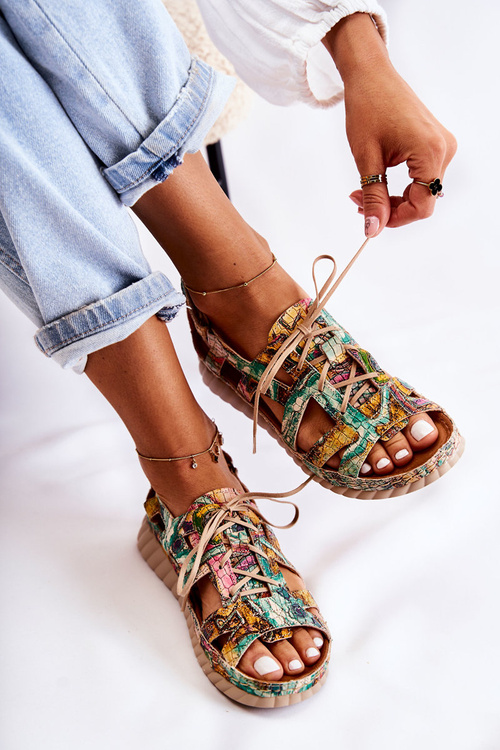 Dámské kožené sandály se suchým zipem 05375-09 Zelená