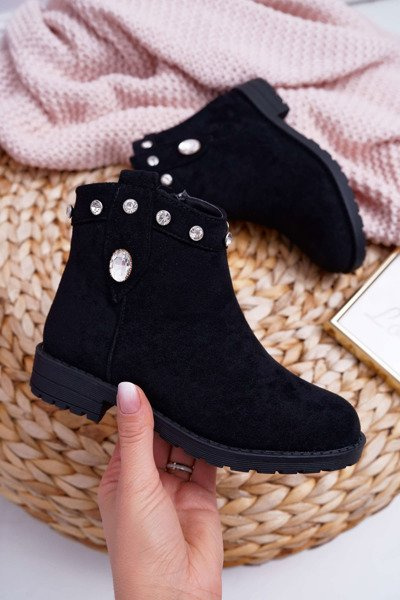 Mládežové čierne topánky s kryštálmi plochý päta venici