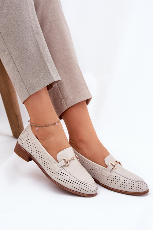 Kožené Dámske Mokasíny S Dekoráciou Na Plochéj Päte Béžové S.Barski LR51-588