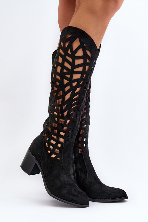 Průsvitné kozačky na podpatku černé Pinkema