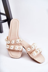Dámske kožené papuče s dekoratívnymi perlami béžovými lasello
