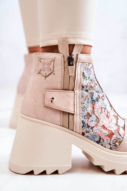 Kožené topánky na masívnom post Maciejka Beige 05325-04