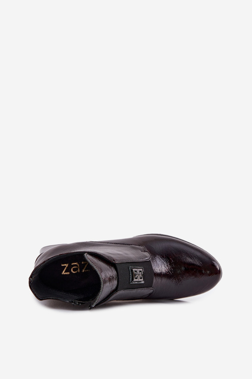 Kožené lakované členkové topánky na podpätku s ozdobným detailom zateplené Zazoo 60560 bordó