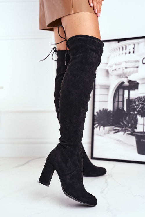 Dámské Kozačky Na Podpatku Semišové Černé Highso