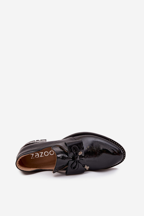 Lakované dámské polobotky na nízkém podpatku s mašlí Zazoo 1399 Černé