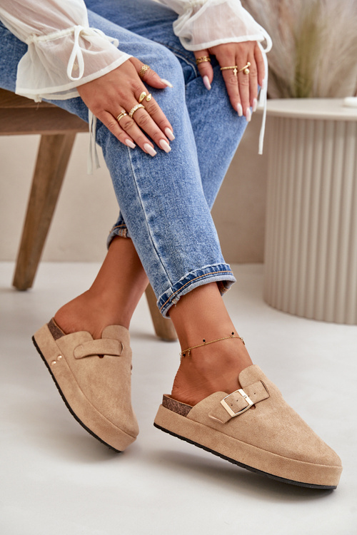 Dámské Pantofle Na Platformě Se Zlatou Sponou Tmavě Béžové Terilaina