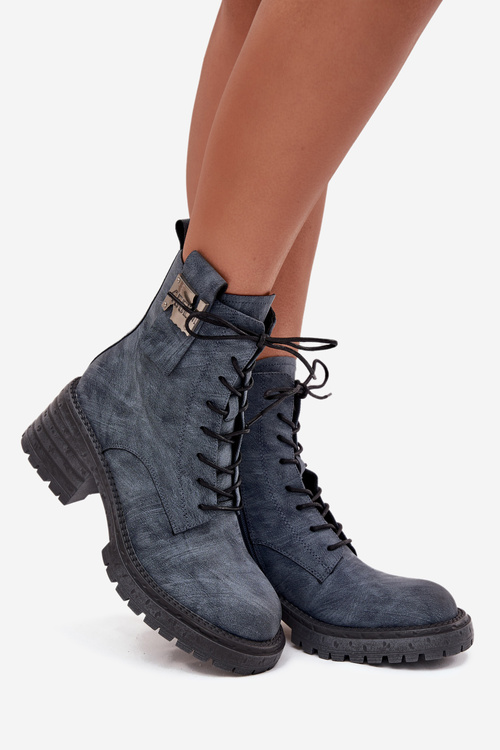 Kožené dámske pracovné čižmy na blokovom podpätku s ozdobným detailom Artiker 57C0212 Modrá