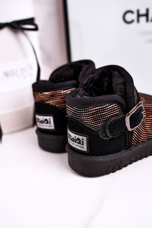 Detské topánky Snehové topánky s kožušinovým zlatom čierne zasnené