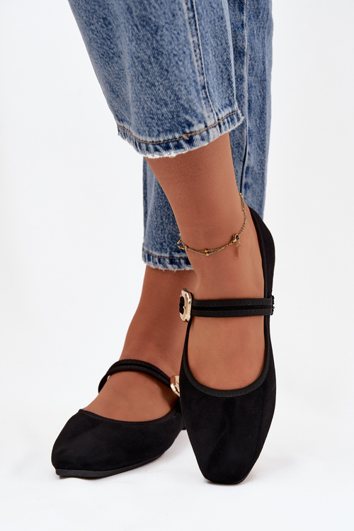 Baleríny S Pásikom A Zlatým Sponou Eko Semišové Čierne Adelora