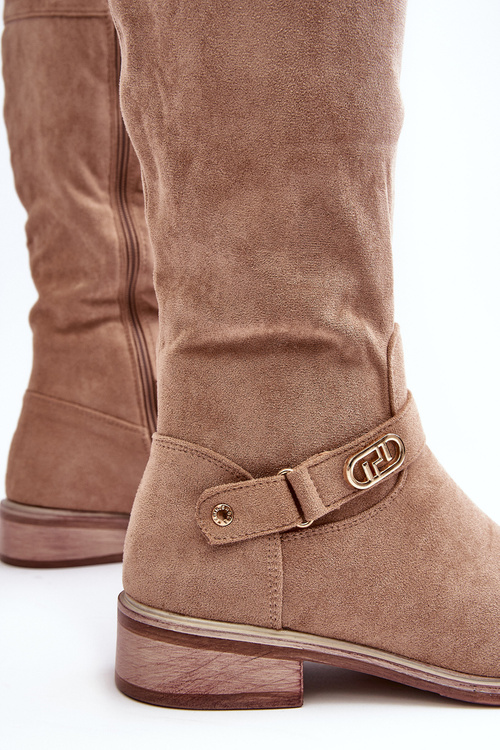 Ocieplené Zamszové Kozačky Na Plochém Podpatku SBarski HY07-31 Bežové