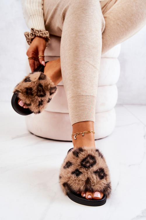 Pantofle S kožíškem Gumove Leopard Hněde Noelle 