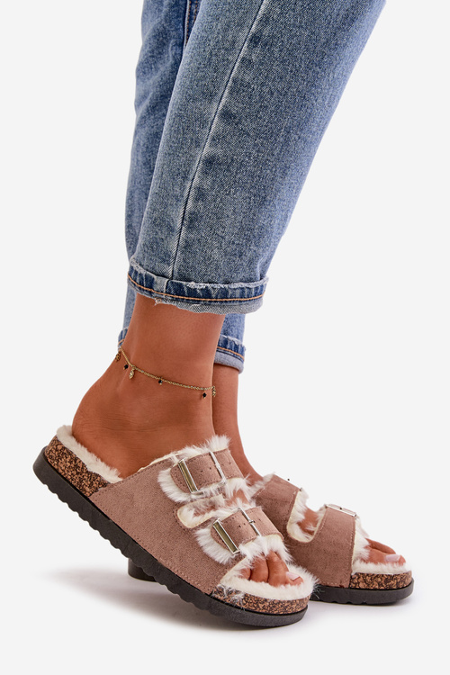 Dámské Pantofle S Přezkami A Kožíškem Béžové Ezilena