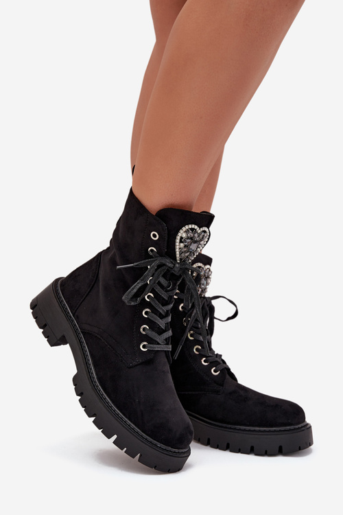 Boty Pracovní S Bižuterními Doplňky Zateplené Eko Semišové Černé Miryssa