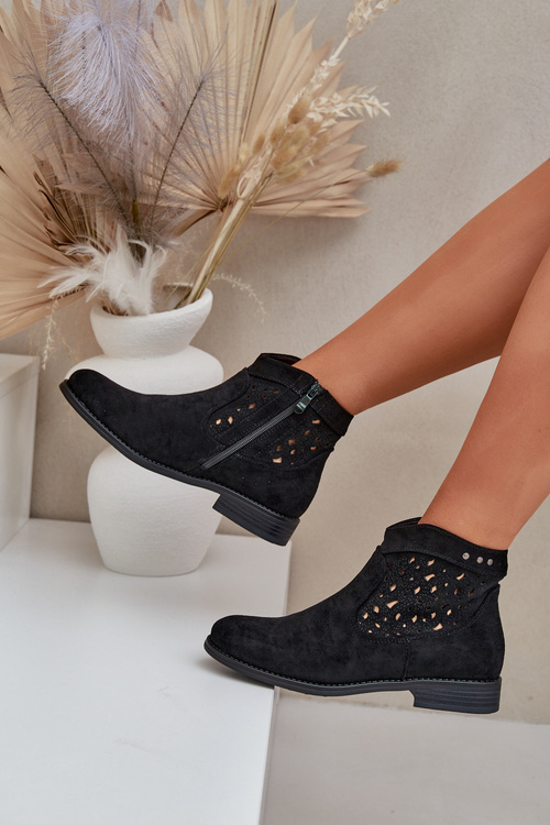 Dámské Ažurové Boty Na Plochém Podpatku S.Barski HY51-113 Černé