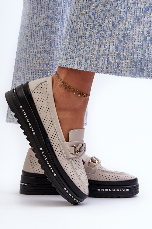 Dámske kožené mokasíny na platforme s reťazcom S.Barski LR618 béžové