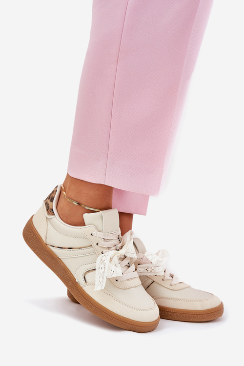 Nízke Dámske Tenisky S Čipkou Leopardie Béžové Zielle