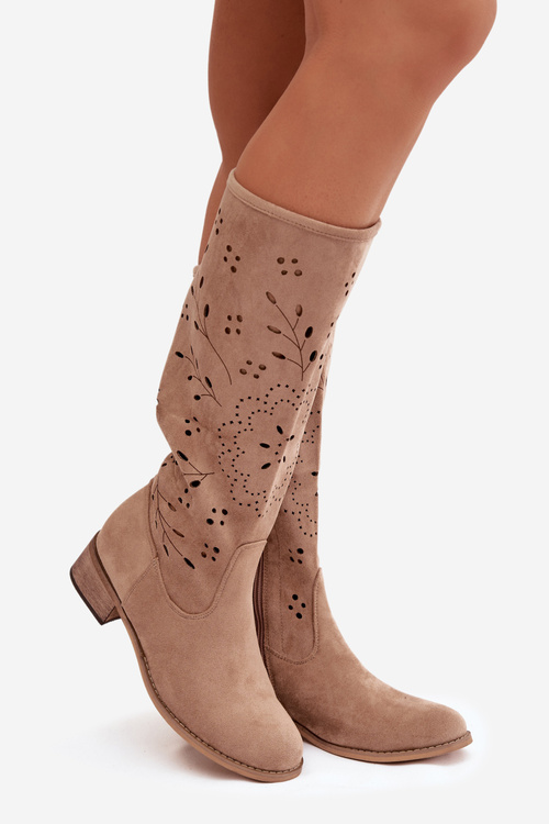 Ažurové dámské kozačky na klínu Khaki Helinna