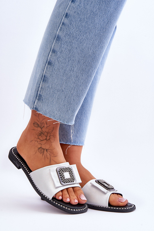 Dámske kožené papuče s kamienkami S. Barski KV-2775-33 Silver