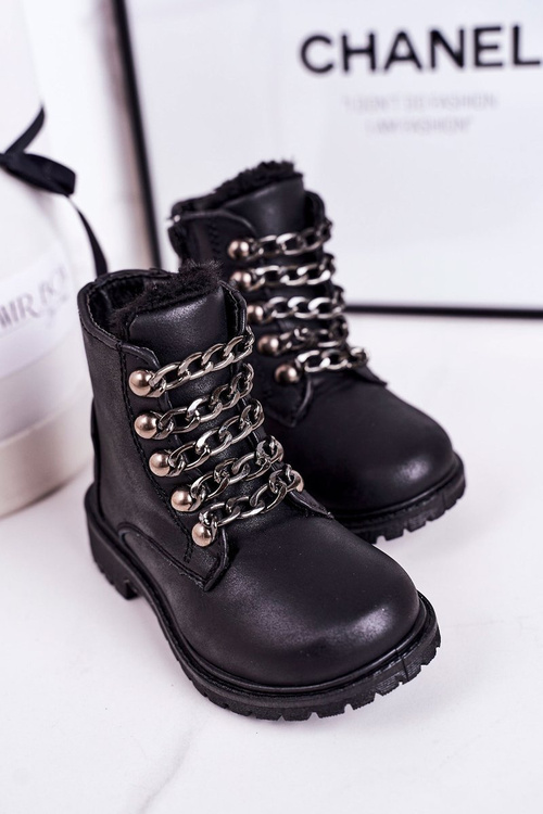 Dětské Zateplené Boty Eko Kůže řetěz Černé Rock&Roll