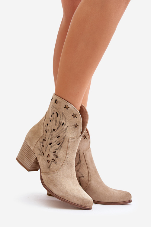 Děrované Kotníkové Boty Kožené Na Podpatku Béžové Lewski 3613