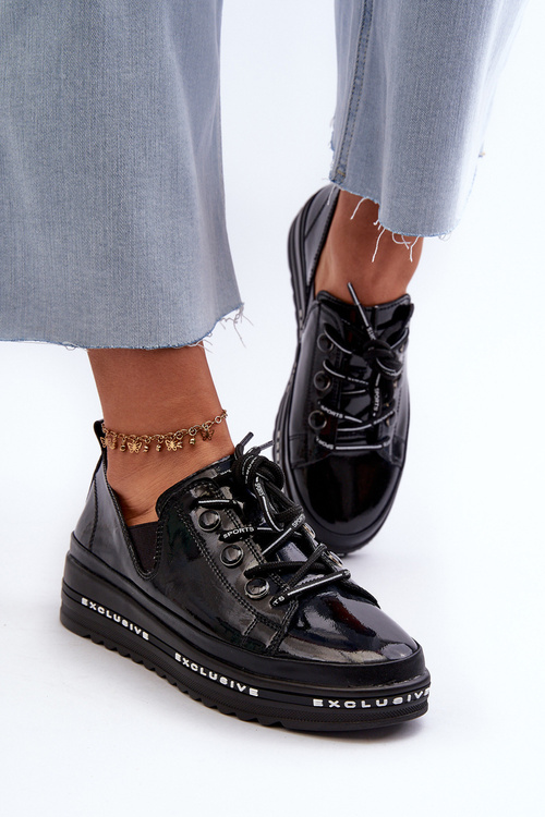 Šnurovacie dámske poltopánky na platforme z pravej kože S.Barski LR620 Čierne