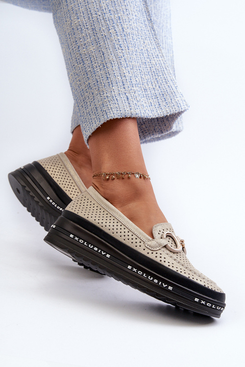 Lesklé Kožené Dámske Mokasíny na Platforme S Ozdobou S.Barski LR750 Zlaté