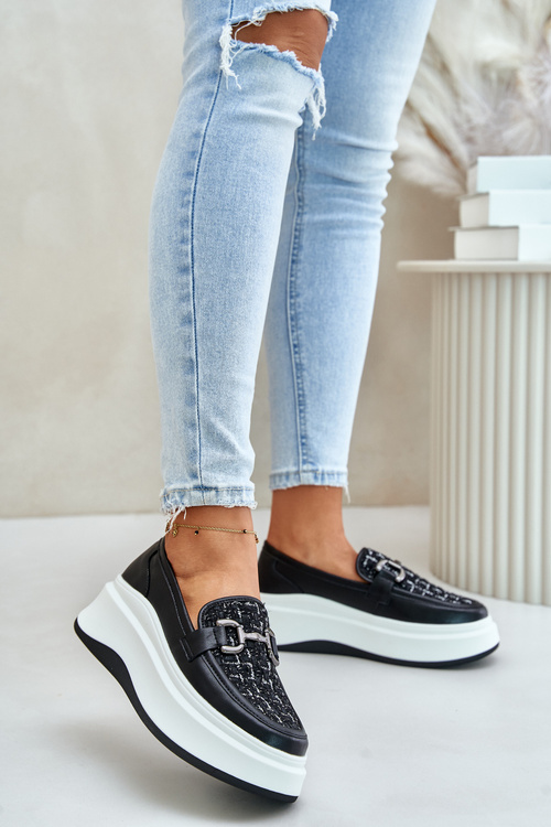 Kožené Dámske Mokasíny Na Platforme S Ozdobou Čierne Vinceza 89105