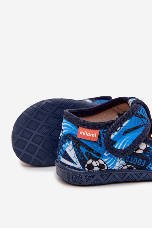 Detské papuče Milami s suchým zipsom lopti tmavomodré Jasimrra