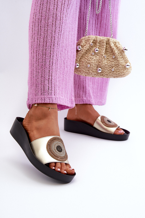 Dámské kožené žabky s ozdobou S.Barski KV27-019 Zlaté