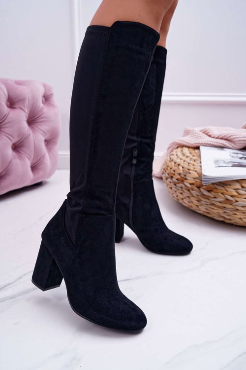 Dámské Kozačky Na Vysokém Podpatku Semišové s lycrou černé Machine