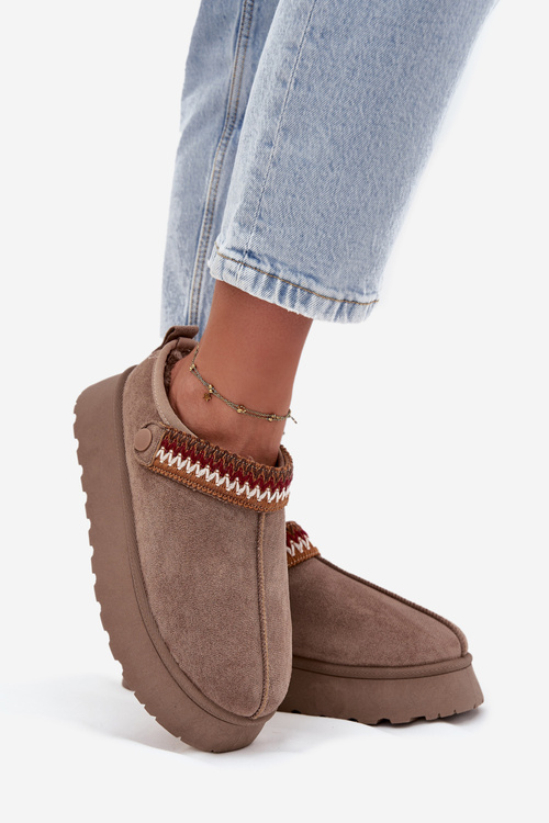 Dámské sněhule nízké s pohyblivým páskem a výšivkou na platformě tmavě béžové Lyrisse