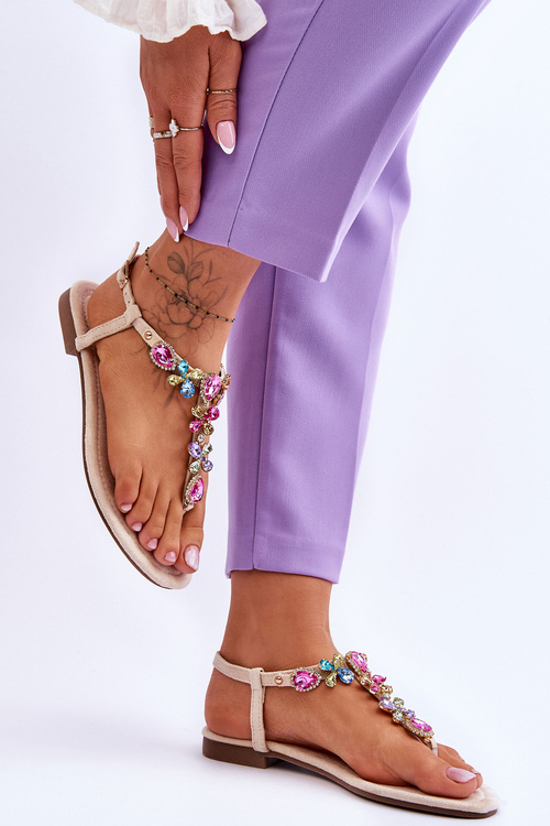 Semišové sandále flip -flops s kameňmi béžová frency