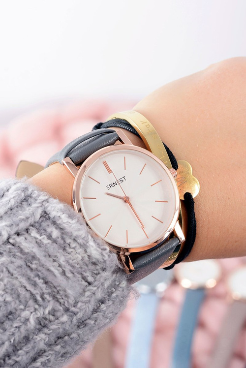 Szary Elegancki Skórzany Damski Zegarek Ernest