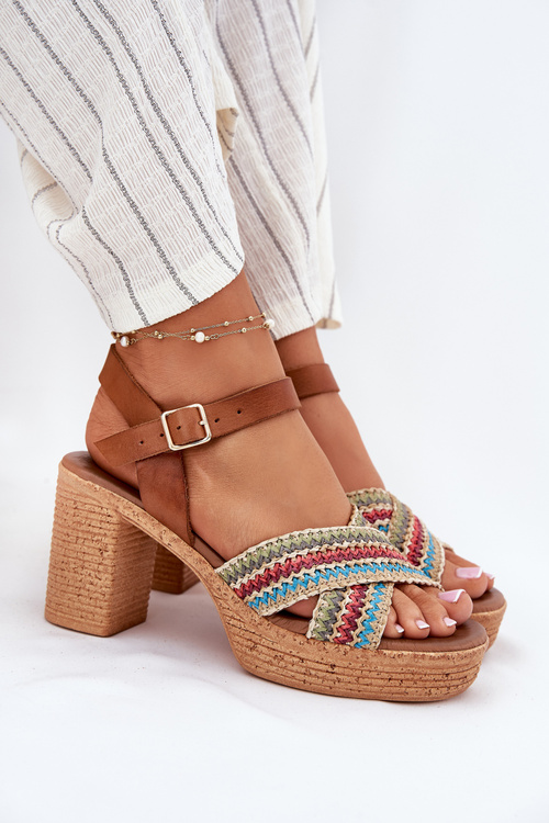 Kožené Sandály Na Podpatku S Pletením Na Páscích Hnědé Zazoo 40460