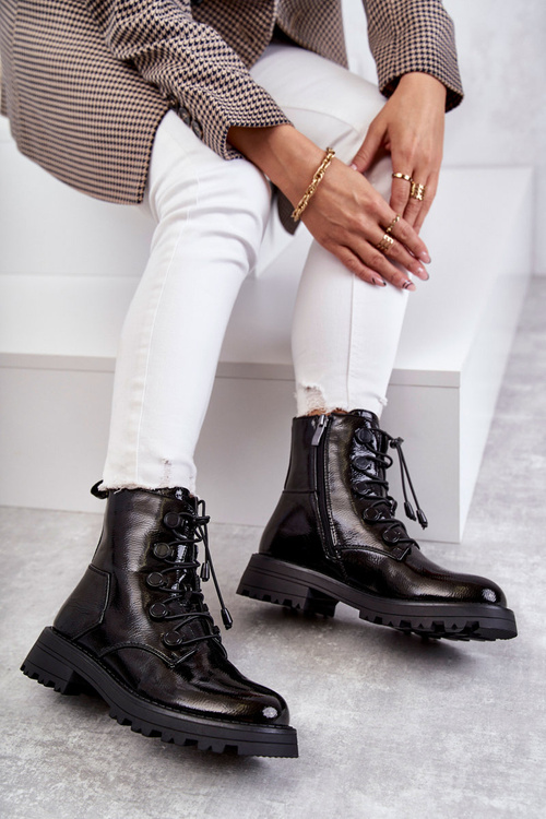 Dámské lakované teplé boty s žebrovaným černe helia