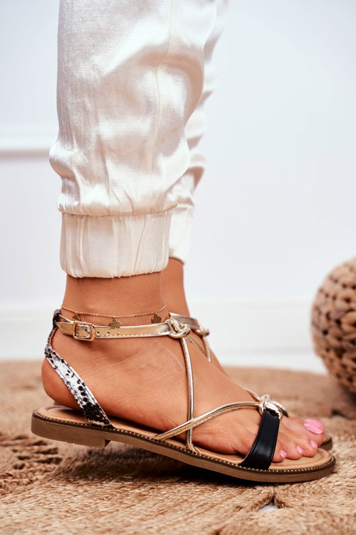 Kožené ploché sandále S. Barski LJ281 Čierna a zlatá