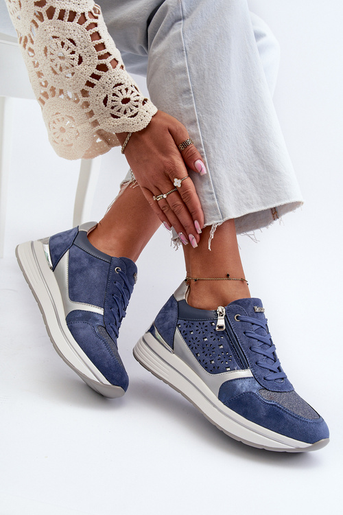 Dámské tenisky na platformě s ažurovým vzorem a flitrem INBLU IN000372 Modré